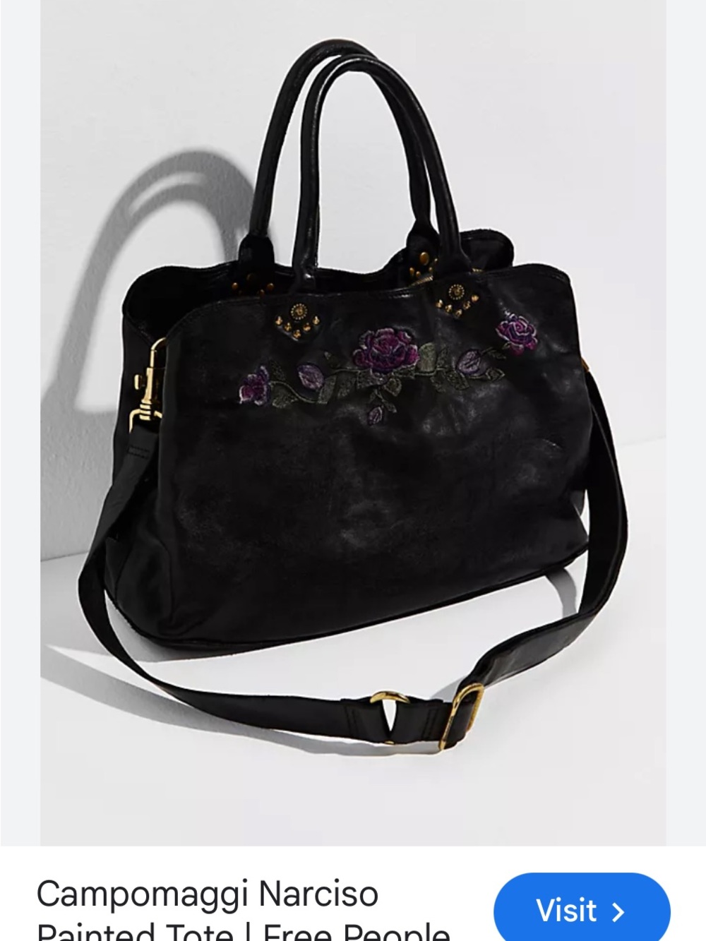 Campomaggi Black Leather Tote with Purple Rose Embroidery